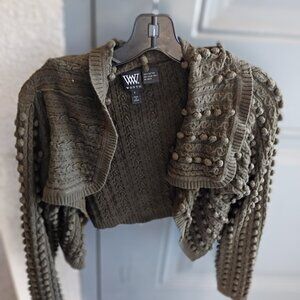 Worth Olive Green Cotton Cropped Cardigan With Bobble And Cable Knit Details